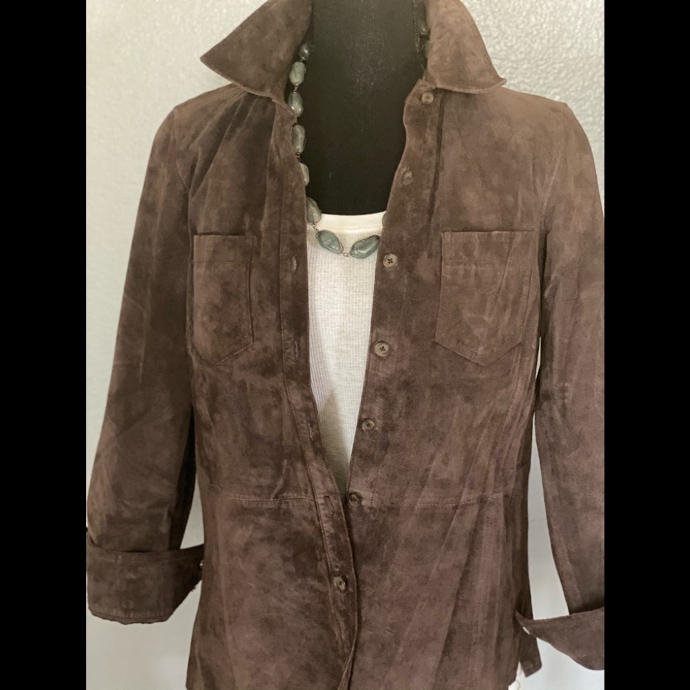 CHARTER CLUB Chocolate Suede Leather Button Down, S